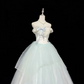 White Satin Strapless Cinched Waist Color Block Sage Green Voluminous Princess Skirt Romantic Dress, Wedding Gown gh7886