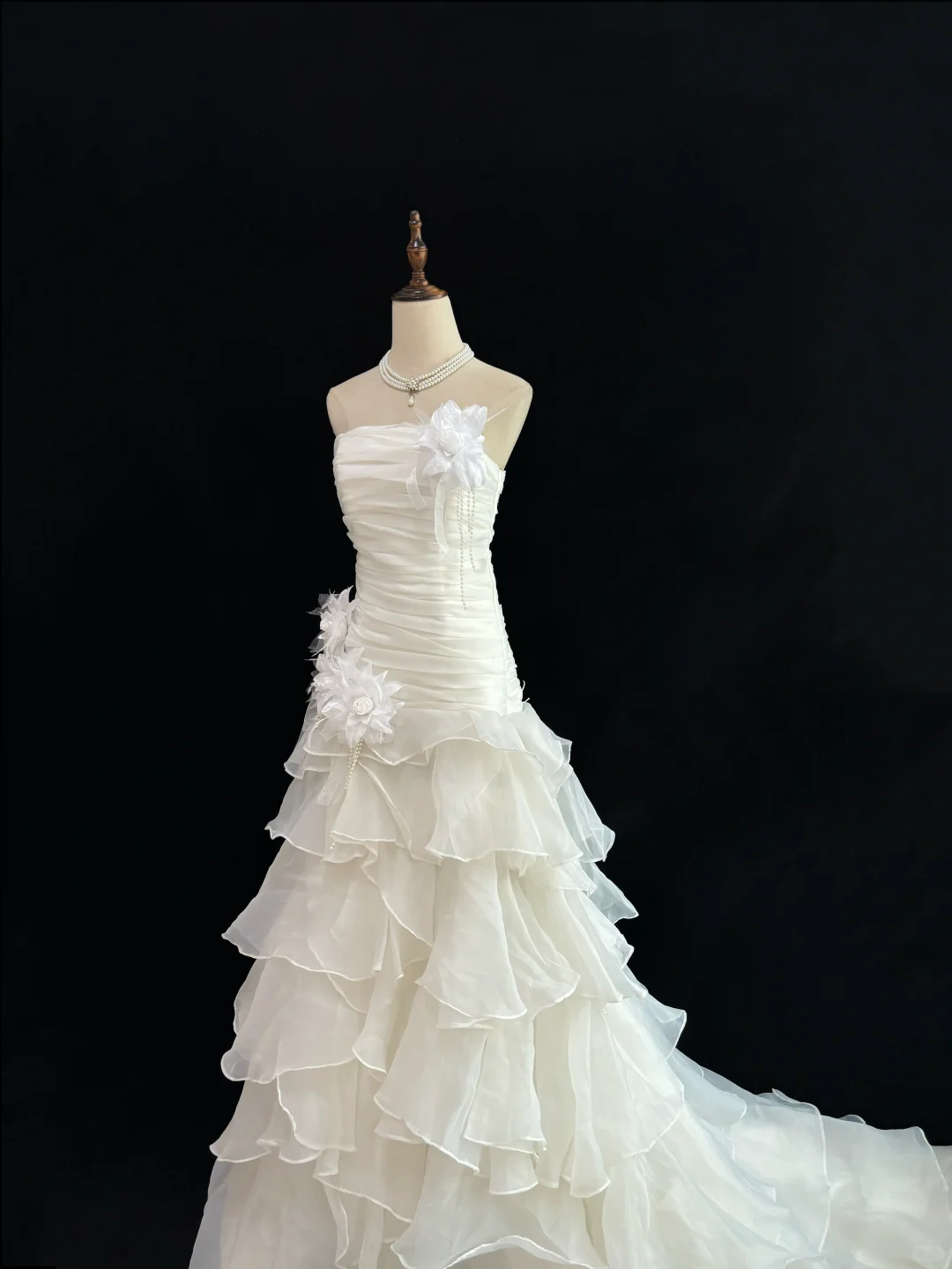 Off White Strapless Cinched Waist Slim Fit Pleated Long Elegant Romantic Dress, Wedding Gown gh8020