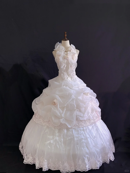 Blush Pink Halter Lace Trim Romantic Gown, Cinched Waist, Voluminous Princess Skirt, Wedding Dress & Bridal Gown gh8239