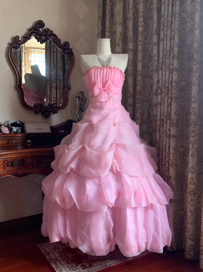 Light Pink Strapless Waist-Cinched Voluminous Skirt Prom Dress, Birthday Gown, Graduation Gown gh7255
