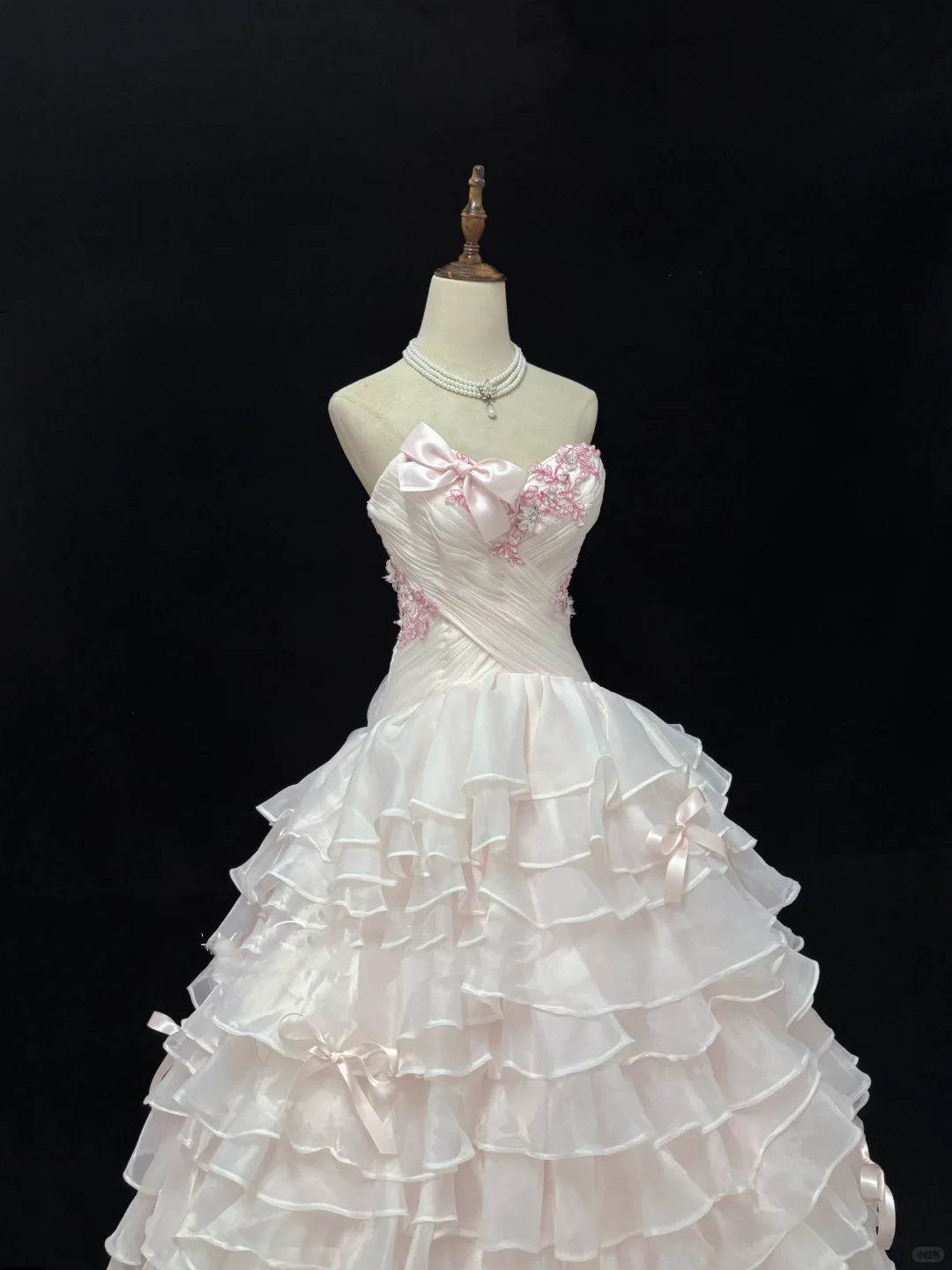 Blush Pink Strapless Cinched Waist Voluminous Tiered Skirt Long Romantic Dress, Wedding Gown gh7974