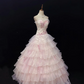 Light Pink Cute Lace Trim Strapless Romantic Gown, Rhinestone Embroidery, Cinched Waist, Voluminous Tiered Skirt, Wedding Dress & Bridal Gown gh8154