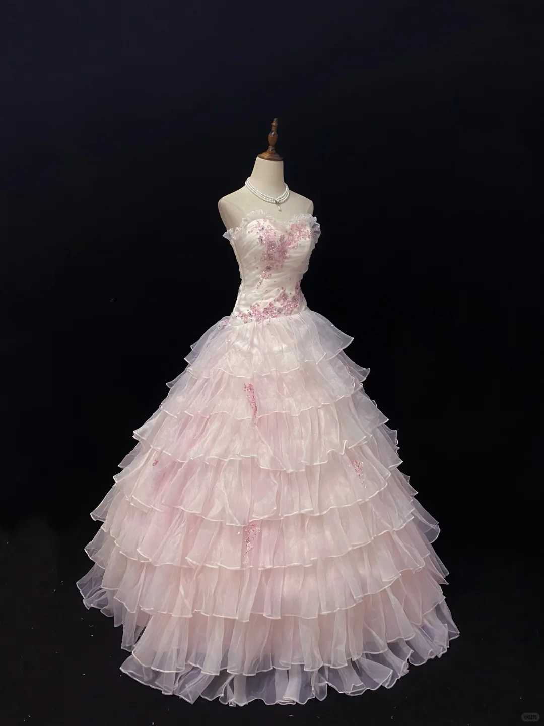 Light Pink Cute Lace Trim Strapless Romantic Gown, Rhinestone Embroidery, Cinched Waist, Voluminous Tiered Skirt, Wedding Dress & Bridal Gown gh8154