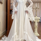 Ivory Vintage Tulle Wedding Prom Dress, V‑Neck Ruffle Collar, Big Bell Flare Sleeves, Empire High Waist, Ruffled Lace Long Train gh8675