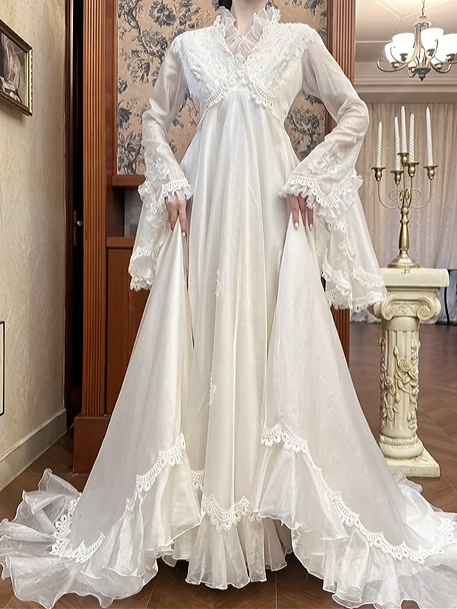 Ivory Vintage Tulle Wedding Prom Dress, V‑Neck Ruffle Collar, Big Bell Flare Sleeves, Empire High Waist, Ruffled Lace Long Train gh8675