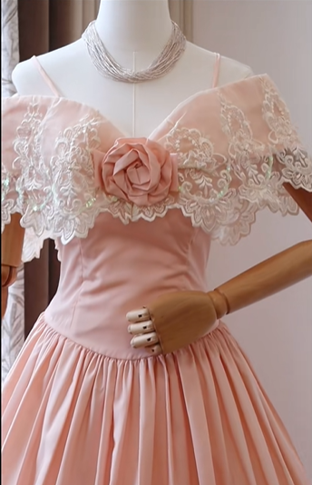 Blush Pink Off Shoulder Vintage Homecoming Dress Lace Trim Satin Full Midi Skirt Cocktail Gown gh9399