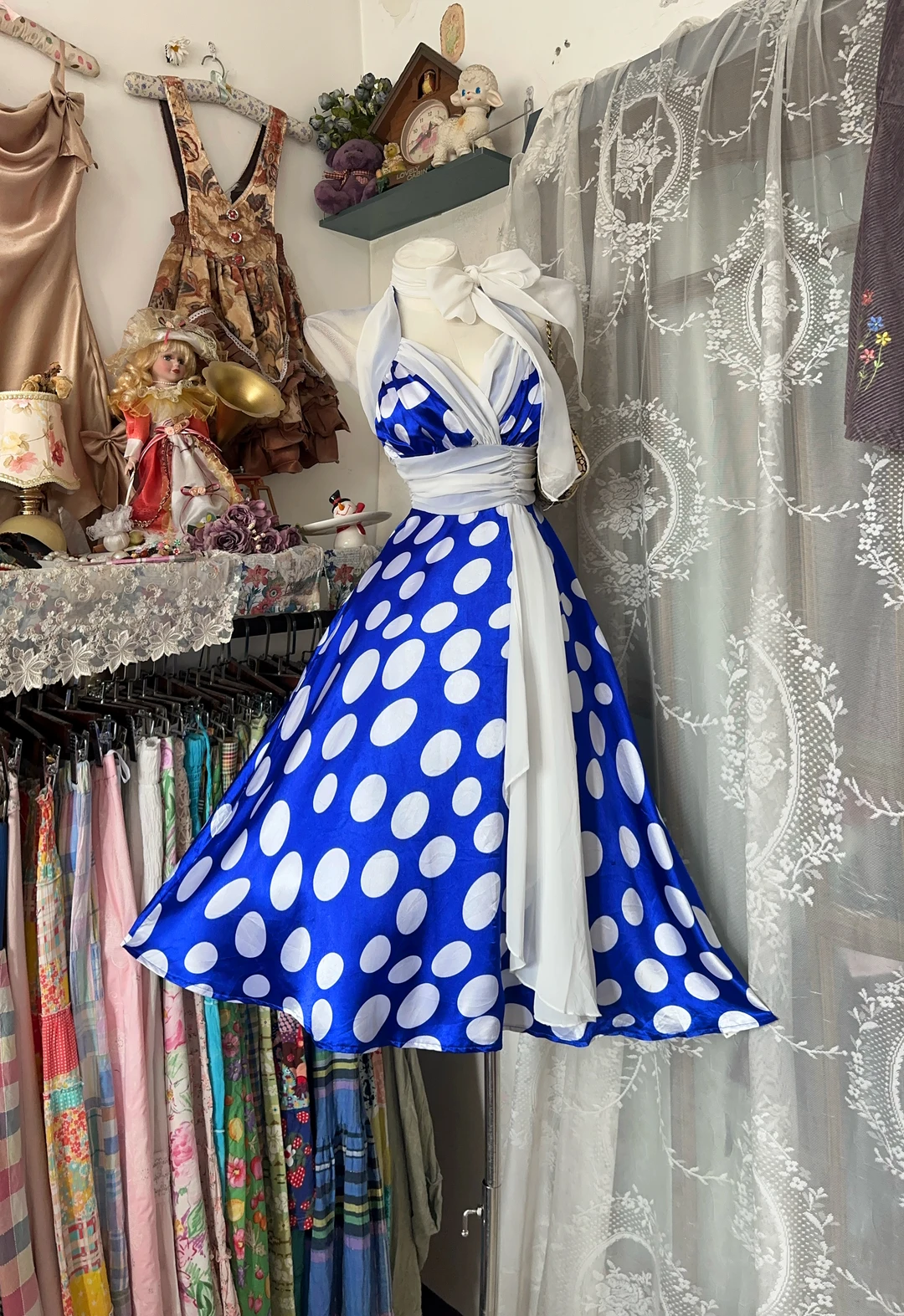 Sexy Vintage Blue Base White Polka Dot Halter Fitted Waist Flared Skirt Prom & Evening Party Dress gh8477