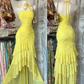 Sexy Long Light Yellow Vintage Halter Fitted Waist Slim Bodycon Prom & Evening Party Dress gh8481