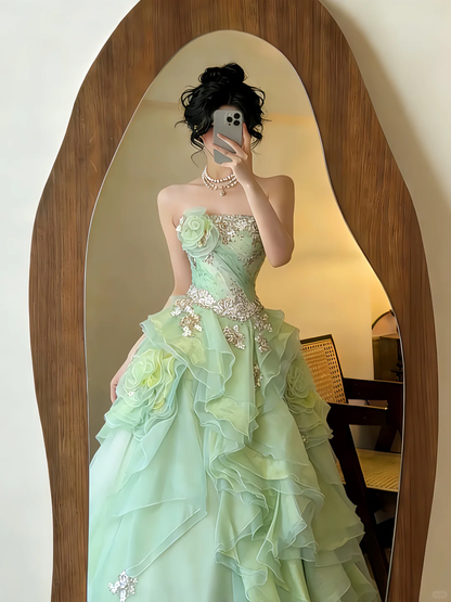 ✨Girlhomeshops-Sage Green Strapless 3D Flower Ruffled Tulle Prom Dress gh10421