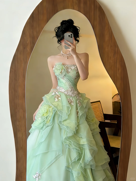 ✨Girlhomeshops-Sage Green Strapless 3D Flower Ruffled Tulle Prom Dress gh10421