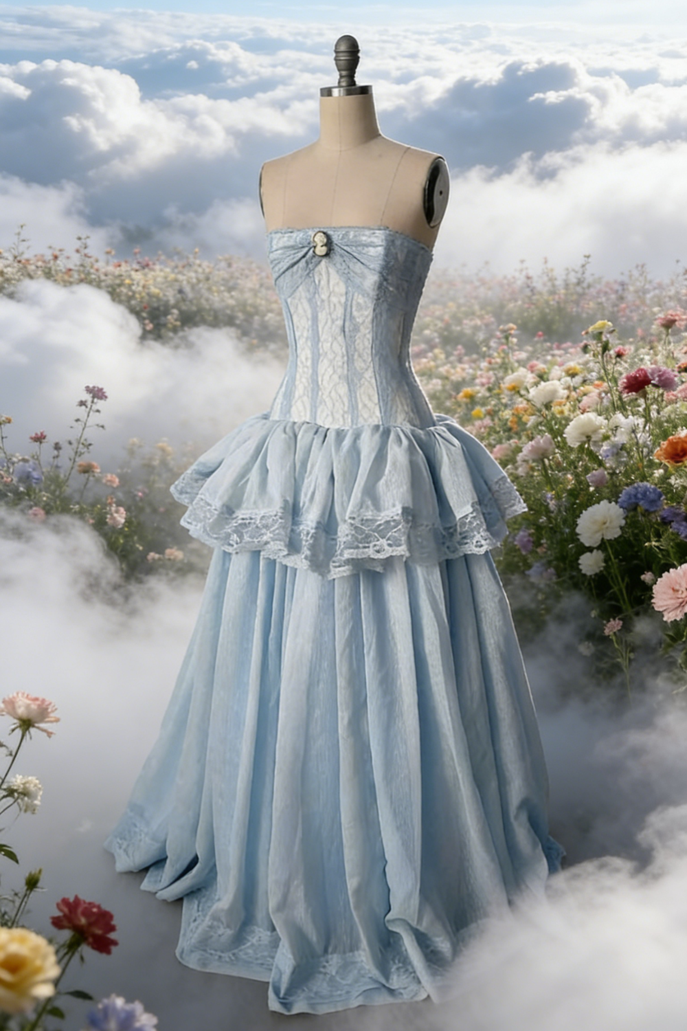 Light Blue Lace Strapless Ruffle Train Gown - Vintage Rococo Style Evening Dress gh6957