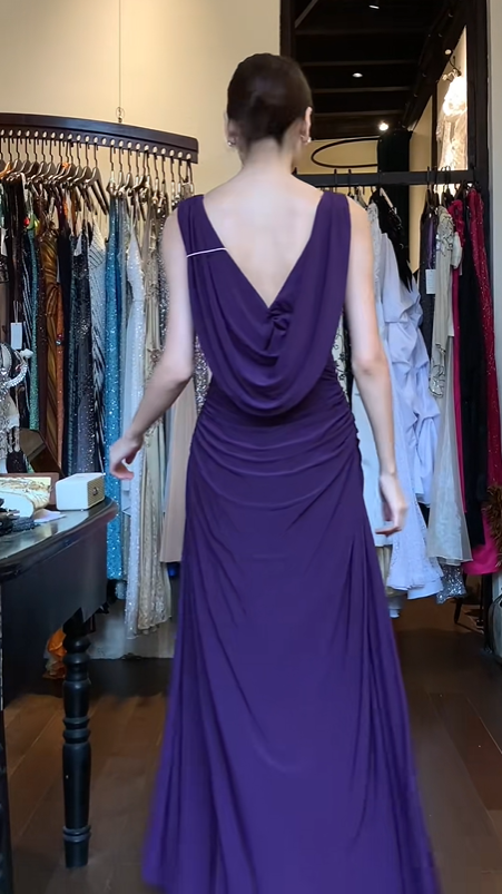 Dark Purple Asymmetric One Shoulder Evening Gown Sleeveless Ruched Flowy Long Prom Dress gh9715