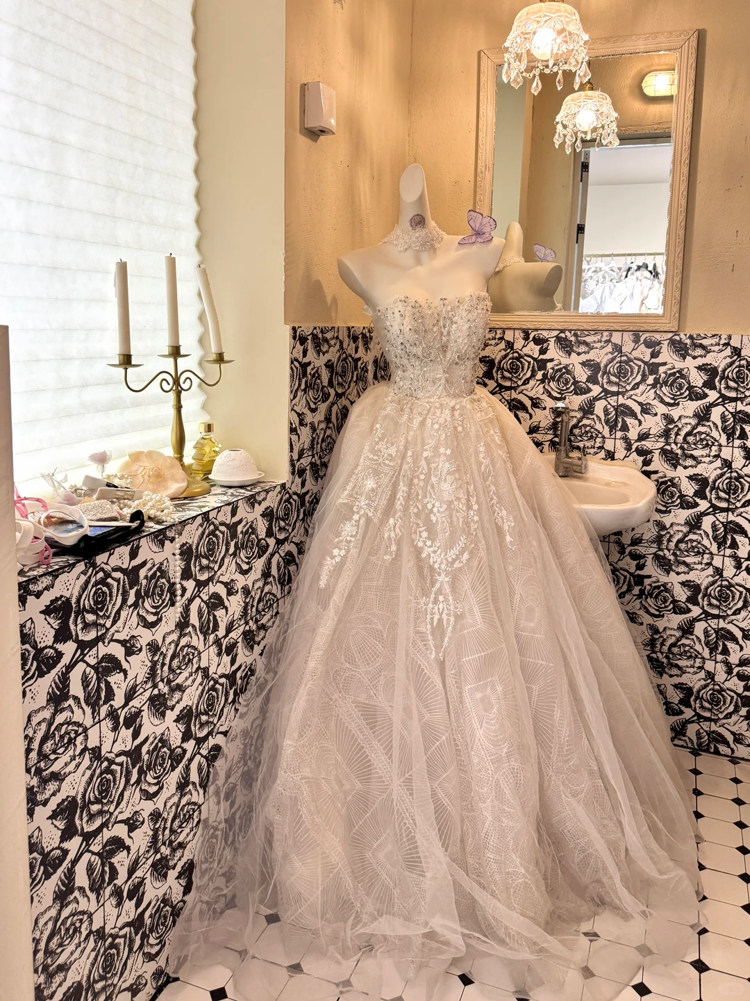 Ivory Strapless Gown With Shiny Rhinestones, Waist-Cinched Voluminous Skirt Romantic Dress, Wedding Gown gh7708