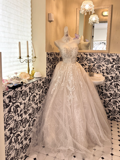 Ivory Strapless Gown With Shiny Rhinestones, Waist-Cinched Voluminous Skirt Romantic Dress, Wedding Gown gh7708
