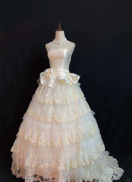 Light Champagne Strapless Long Romantic Gown with Fitted Waist and Fluffy Tiered Cake Skirt, Wedding Dress & Bridal Gown gh8336