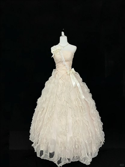 Light Apricot Strapless Cinched Waist Voluminous Tiered Skirt Romantic Dress, Wedding Gown gh7935