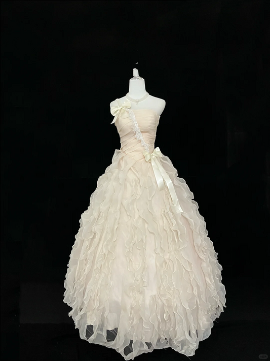 Light Apricot Strapless Cinched Waist Voluminous Tiered Skirt Romantic Dress, Wedding Gown gh7935