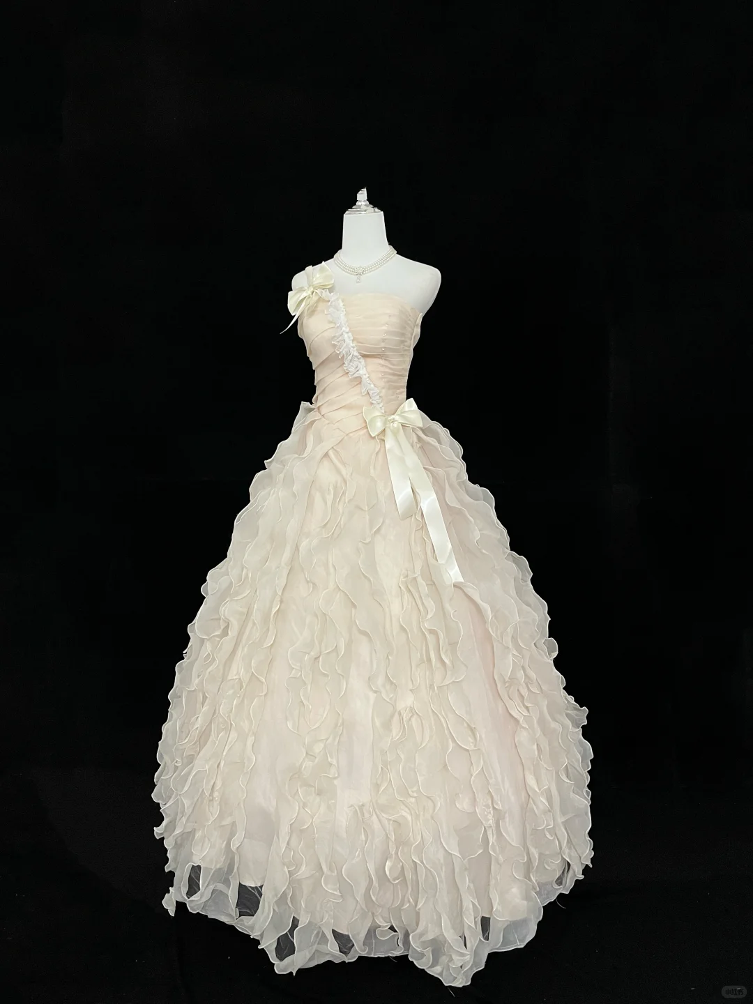 Light Apricot Strapless Cinched Waist Voluminous Tiered Skirt Romantic Dress, Wedding Gown gh7935