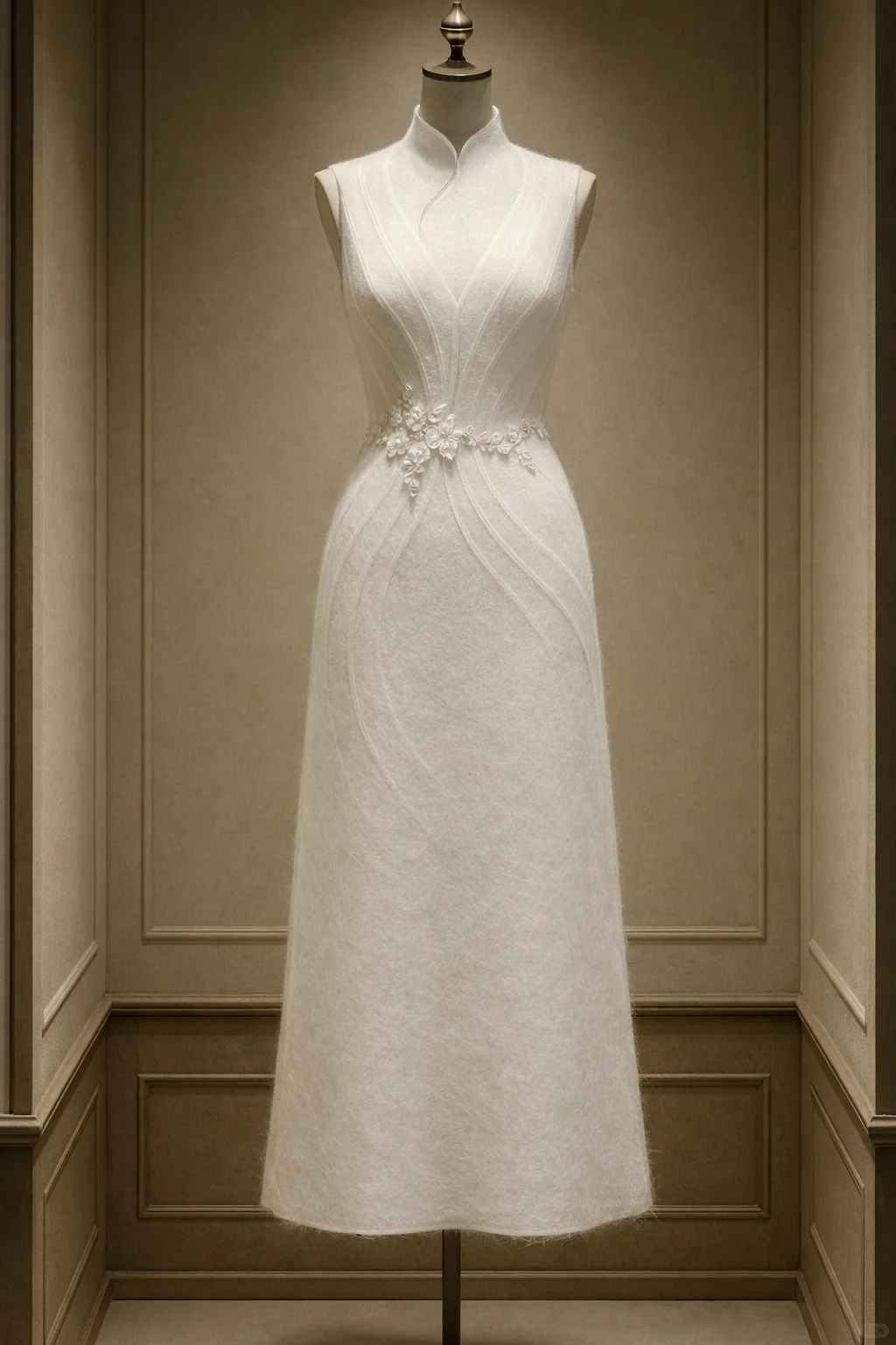 ✨Girlhomeshops-Ivory Sleeveless Notch Qipao Midi Dress with 3D Floral Waist gh10524
