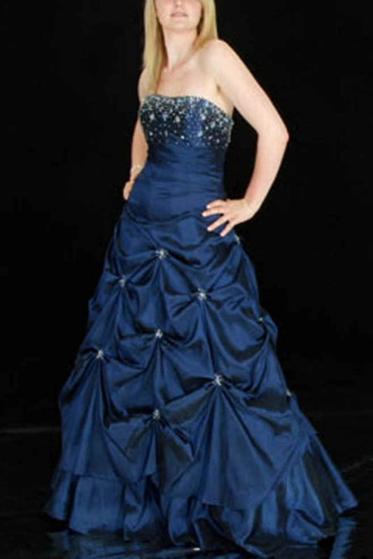 girlhomeshops-Elegant Navy Blue Strapless Ball Gown with Beaded Bodice and Ruched Embellished gh5814