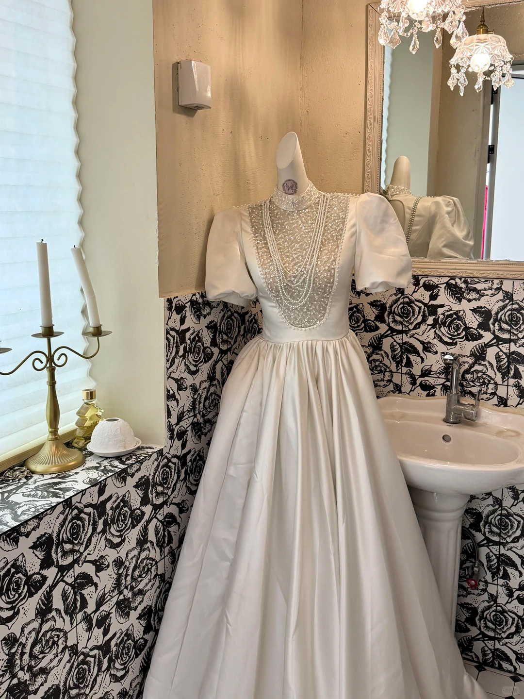 White Puff Sleeve Waist-Cinched Full Flared Vintage Elegant Romantic Dress, Wedding Gown gh7571