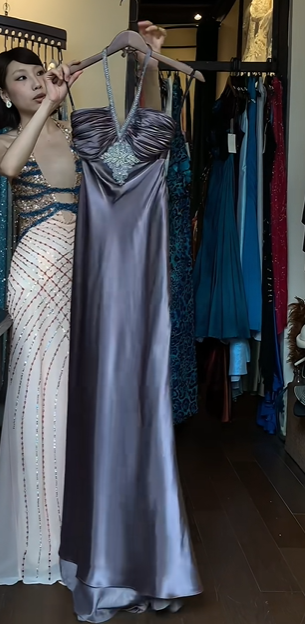 Dusty Purple Satin Halter Evening Gown Ruched Bust Rhinestone Detail Long Formal Prom Dress gh9739
