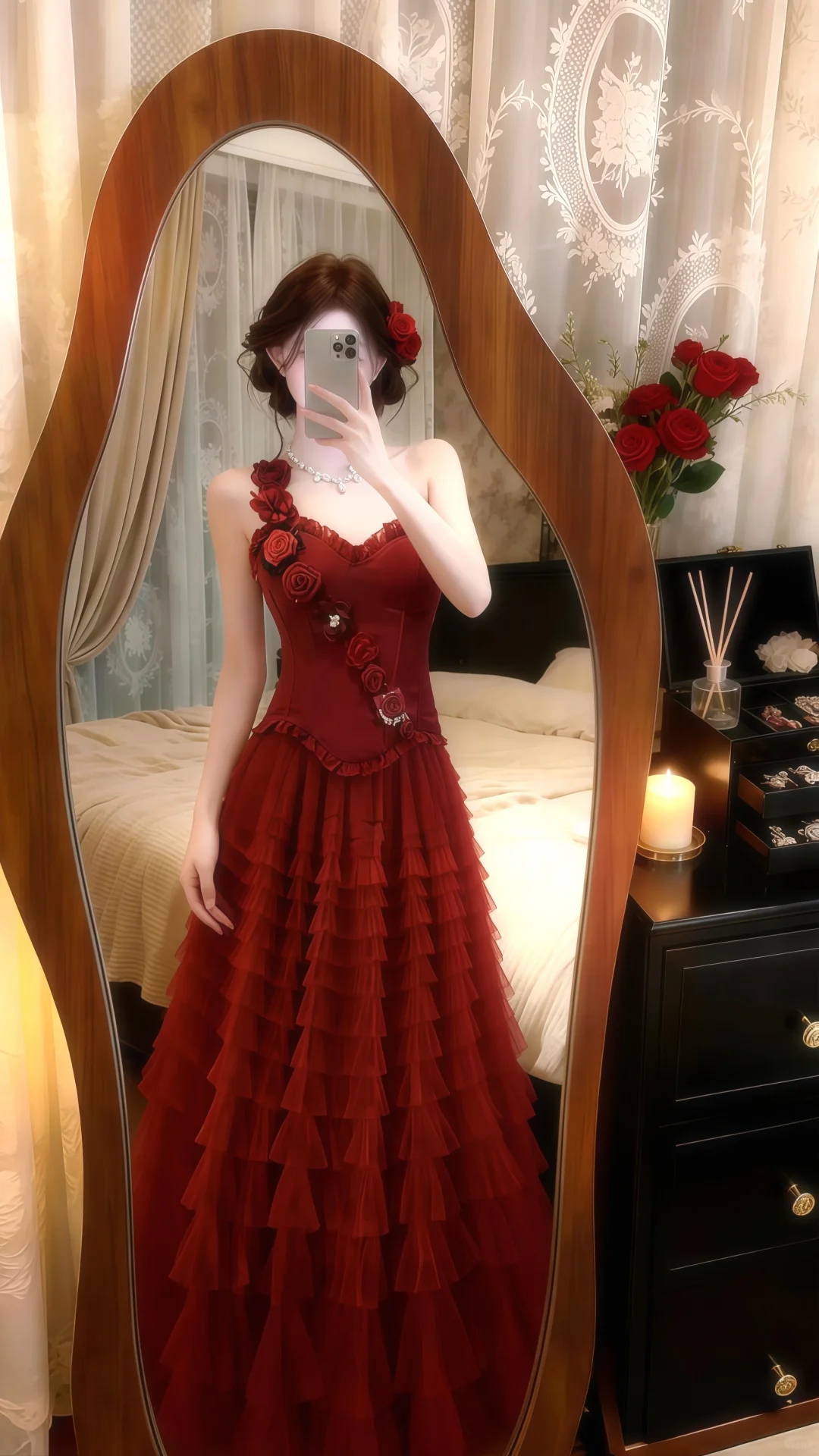 Burgundy One‑Shoulder Corset Evening Gown, 3D Rose Applique Tiered Ruffle Cake Tulle Prom Dress gh9139