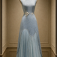 ✨Girlhomeshops-Light Blue Sleeveless Modified Qipao with 3D Flower and Pleated Tulle gh10510
