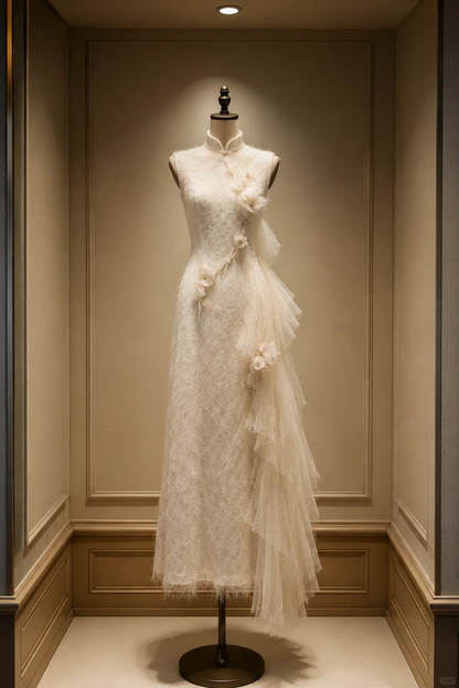✨Girlhomeshops-Cream High Collar Cheongsam Dress with 3D Flowers and Tulle gh10416