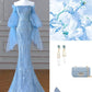 Blaues luxuriöses, wunderschönes, glänzendes, exquisites Perlenkleid, elegantes, langes, mit Pailletten besetztes Tüll mit langen Ärmeln, Meerjungfrau-Abendkleid mit schmalen Ärmeln, Ballkleid, gh3388