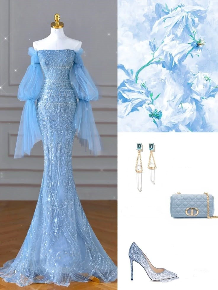Blaues luxuriöses, wunderschönes, glänzendes, exquisites Perlenkleid, elegantes, langes, mit Pailletten besetztes Tüll mit langen Ärmeln, Meerjungfrau-Abendkleid mit schmalen Ärmeln, Ballkleid, gh3388
