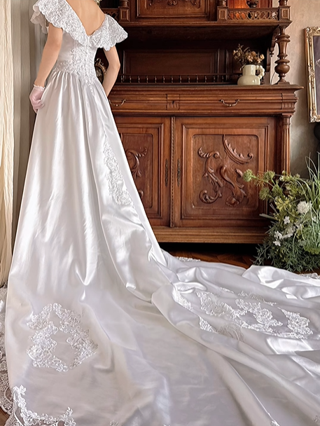 White Satin Vintage Off‑the‑Shoulder V‑Neck Lace Fitted Waist Full Flared Train Prom Gown, Wedding Dress gh8609