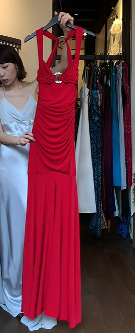 Red Halter Evening Gown Cutout Front Ruched Bodice Mermaid Long Formal Prom Dress gh9731