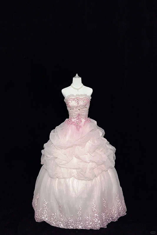Blush Pink Strapless Embroidered Vintage Cinched Waist Voluminous Princess Skirt Romantic Dress, Wedding Gown gh8072