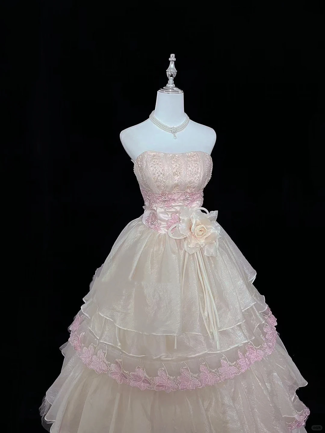 Blush Pink Strapless Embroidered Cinched Waist Girly Voluminous Skirt Long Romantic Dress, Wedding Gown gh7976