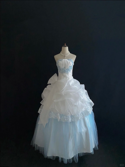 Light Blue & White Strapless Cinched Waist Voluminous Princess Skirt Long Romantic Dress, Wedding Gown gh7850