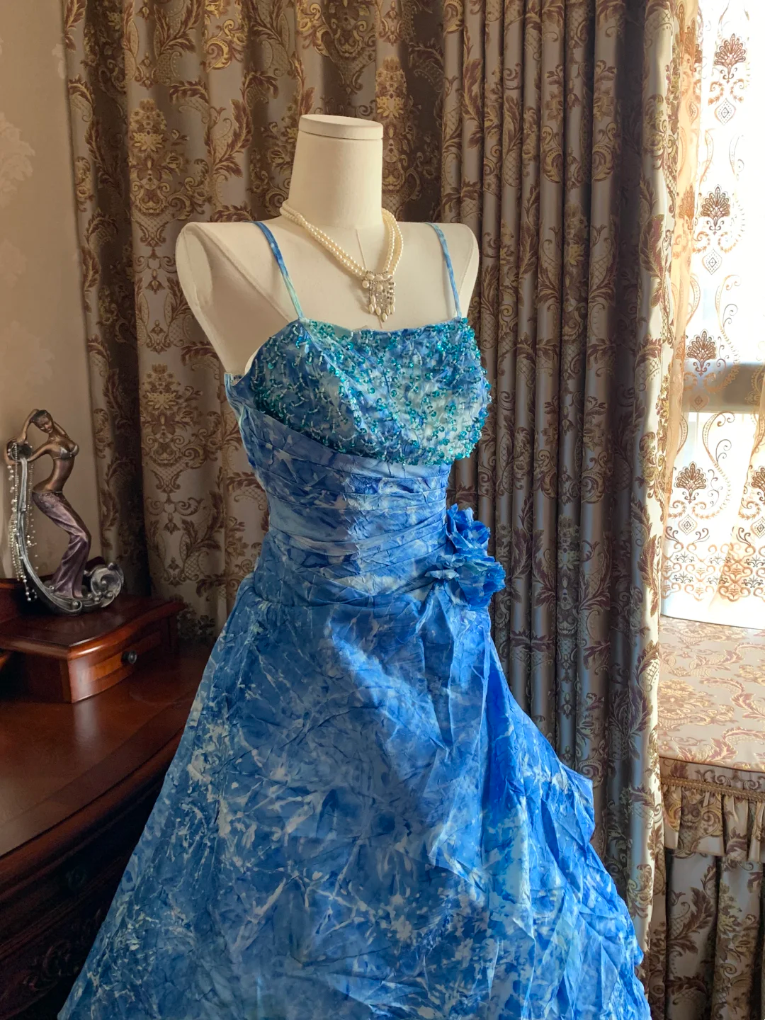 Blue Spaghetti Strap Tie-Dye Waist-Cinched Voluminous Skirt Prom Dress, Evening Ball Gown gh7286