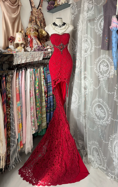 Red Strapless Cinched Waist Fitted Sexy Prom Dress, Evening Gown gh7213