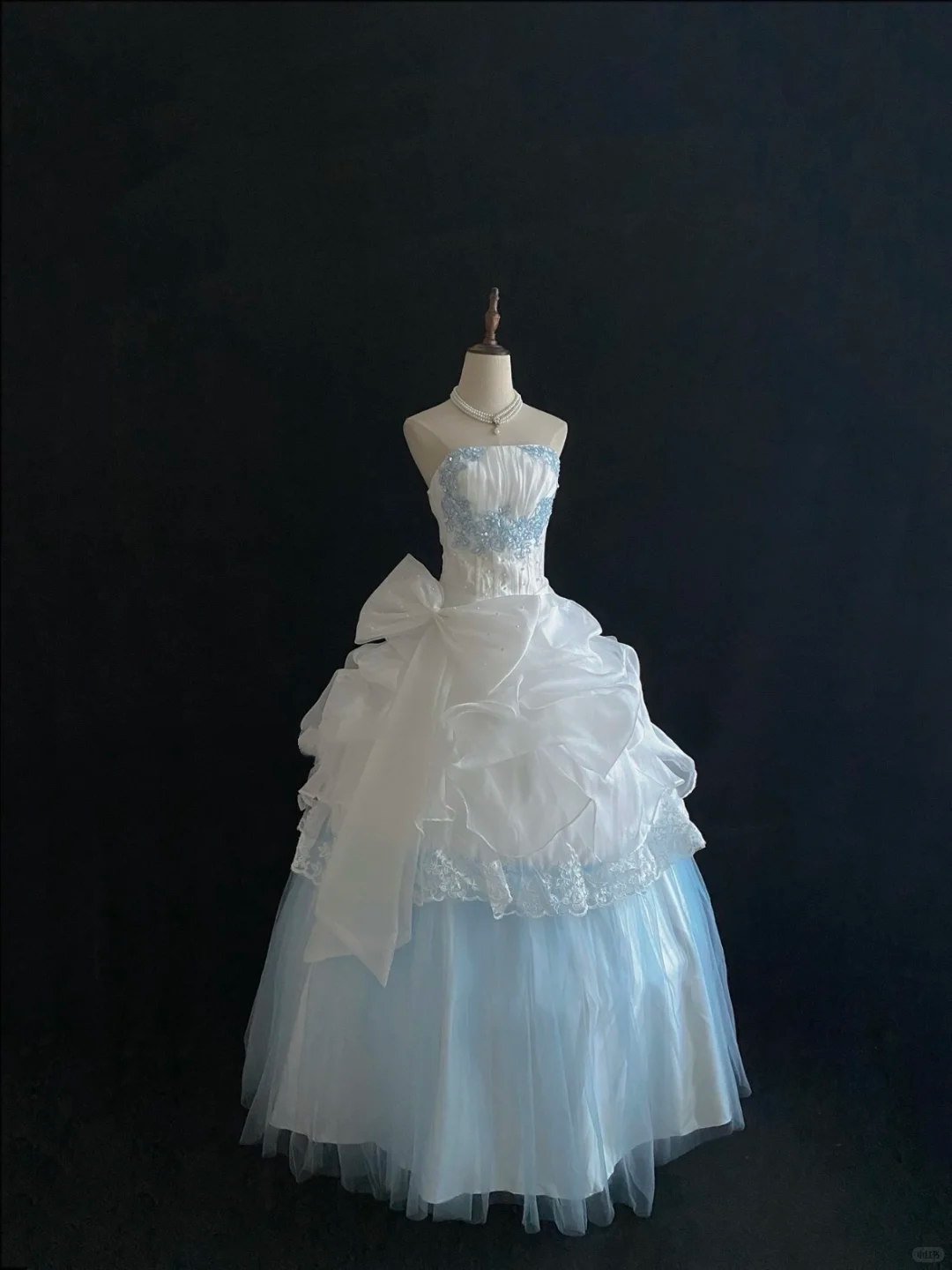 Light Blue & White Strapless Cinched Waist Voluminous Princess Skirt Long Romantic Dress, Wedding Gown gh7850