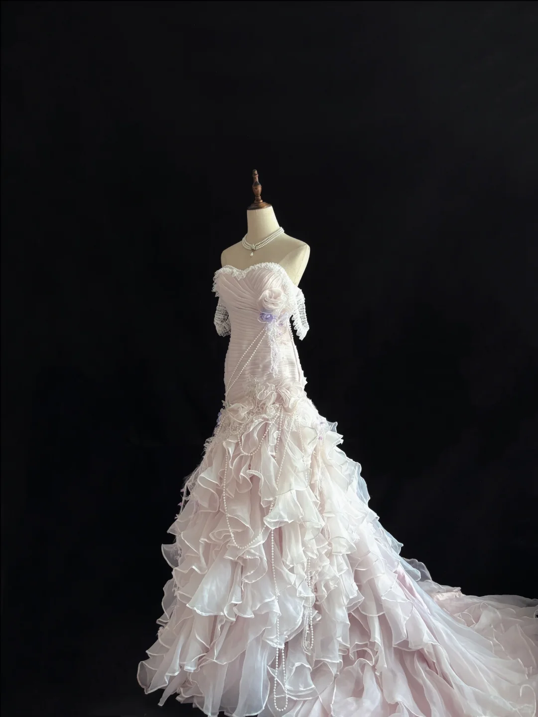 Blush Pink Strapless, Cinched Waist, Slim Fit Hip Hugging Sexy Pleated Long Tiered Skirt Romantic Dress, Wedding Gown gh8022