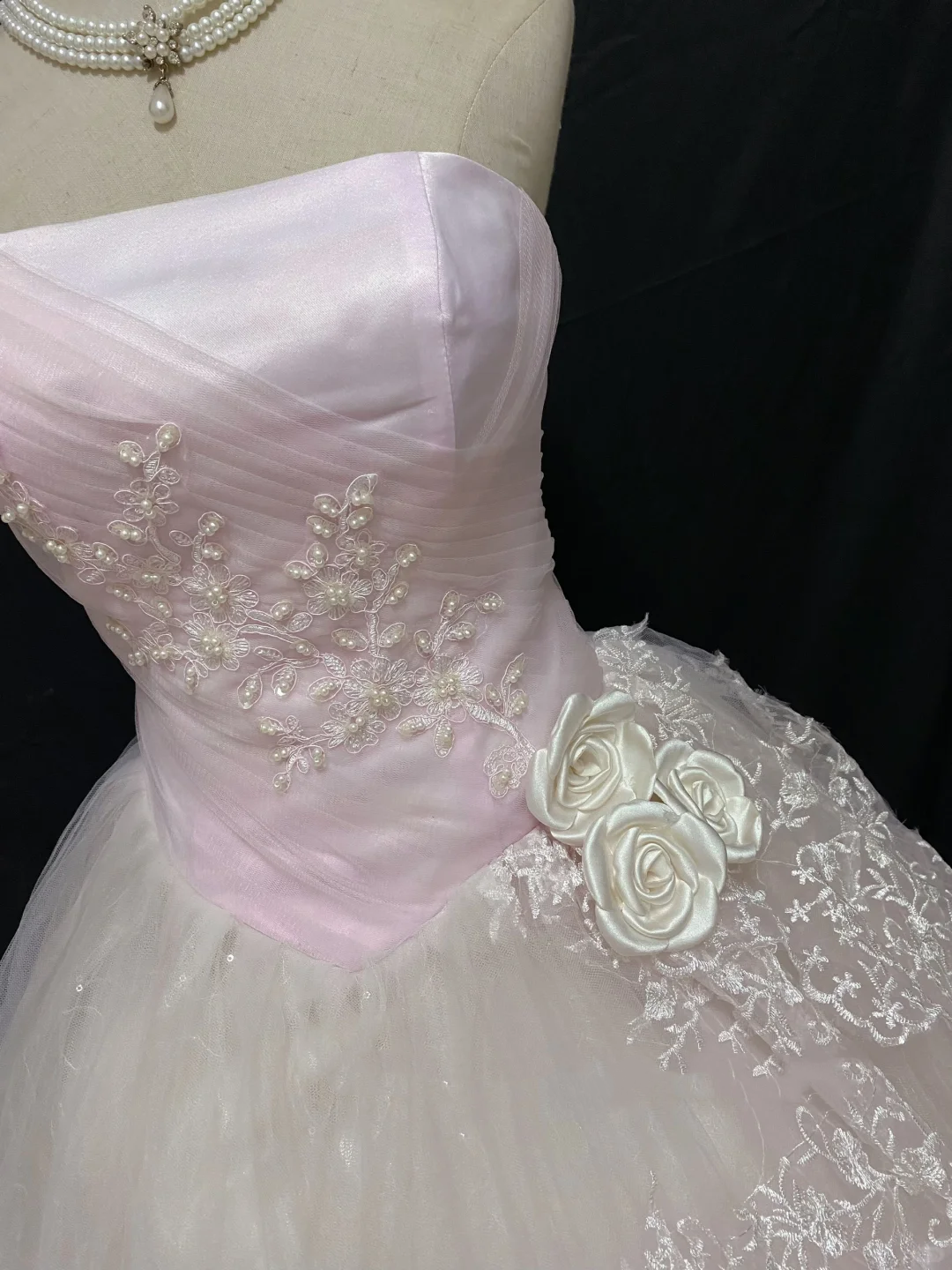 Blush Pink Strapless Long Romantic Gown with Fitted Waist, Lace Trim & Voluminous Skirt, Wedding Dress & Bridal Gown gh8196