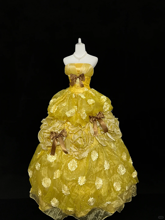 Yellow Strapless Cinched Waist Voluminous Princess Skirt Long Romantic Dress, Wedding Gown gh7936