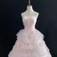 Light Pink Strapless Romantic Teen Gown With Butterfly Decorations, Cinched Waist & Voluminous Tiered Cake Skirt, Wedding Dress & Bridal Gown gh8156