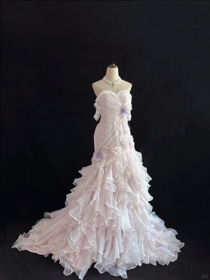 Blush Pink Strapless, Cinched Waist, Slim Fit Hip Hugging Sexy Pleated Long Tiered Skirt Romantic Dress, Wedding Gown gh8022