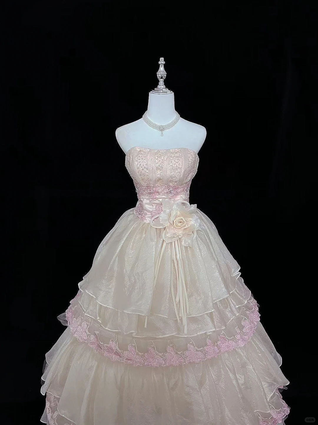 Blush Pink Strapless Embroidered Cinched Waist Girly Voluminous Skirt Long Romantic Dress, Wedding Gown gh7976