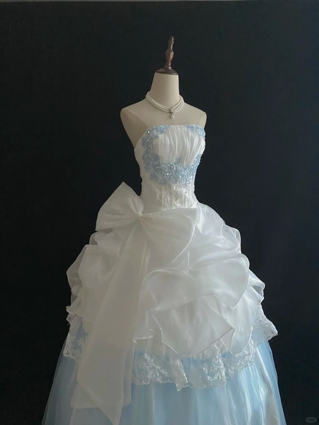 Light Blue & White Strapless Cinched Waist Voluminous Princess Skirt Long Romantic Dress, Wedding Gown gh7850