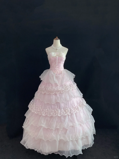 Light Pink Strapless Romantic Teen Gown With Butterfly Decorations, Cinched Waist & Voluminous Tiered Cake Skirt, Wedding Dress & Bridal Gown gh8156