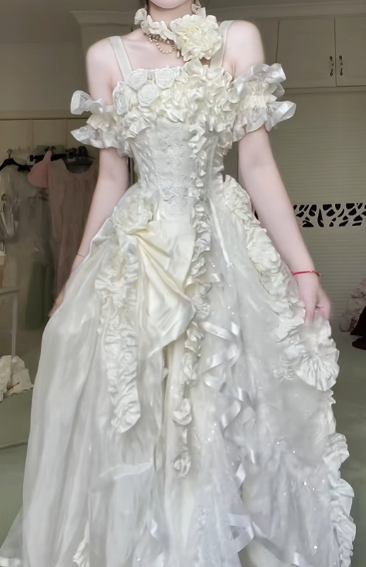 Off‑White Square Neck Off‑the‑Shoulder Evening Gown, 3D Floral Ruffled Tulle Floor‑Length Wedding Prom Dress gh9051