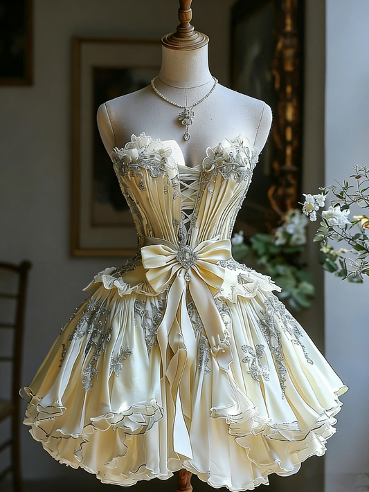 Luxuriöses, cremefarbenes, goldfarbenes, perlenbesetztes, trägerloses Minikleid aus Satin im Sweet-Style – ideal für Geburtstagsfeiern und als Lolita-Teekleid (gh6555)