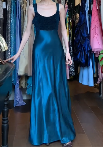 Teal Blue Black Vintage Prom Dress Wide Straps Square Neck Satin A-Line Long Evening Gown gh9627
